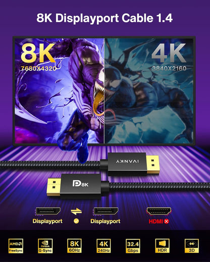 8K VESA Certified Displayport Cable 1.4,  DP Cable 6.6Ft (8K@60Hz, 4K@144Hz, 2K@240Hz)Hbr3 Support 32.4Gbps, HDR, HDCP 2.2, Freesync G-Sync, Braided Display Port for Gaming Monitor, Graphics, PC